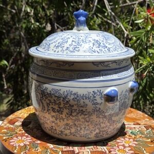 Chinese Blue and White Porcelain Jar w/ Lid, Foo dog Chinoiserie Rice Ginger Jar